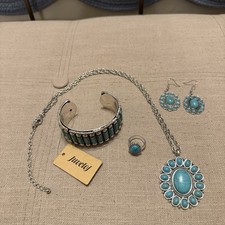 Southwestern Faux Turquoise Silver Tone Necklace Earring Cuff Bracelet Ring Set