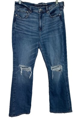 American Eagle Women's SIZE 12 90's Bootcut Distressed Ripped Blue Jeans Denim