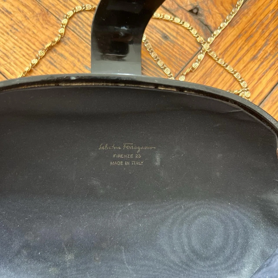 Salvatore Ferragamo Saks Fifth Avenue Black Hard Shell Clutch Bag Gold Hardware - Image 3 of 4