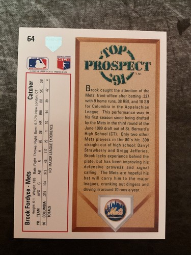 1991 Upper Deck - Top Prospect Brook Fordyce #64 (RC) - Picture 2 of 2