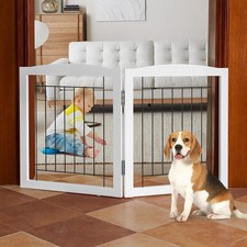 ZJSF Freestanding Foldable Dog Gate for House Extra Wide Wooden White Indoor