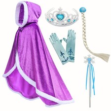 Fur Princess Hooded Elsa Purple Cape Cloaks Costume Girls Dress Up Size 5-6 Yrs