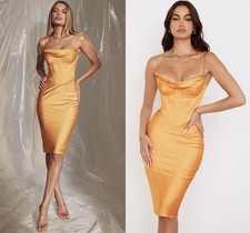 House of CB Myrna Tangerine Satin Corset Midi Dress Size XS NWT