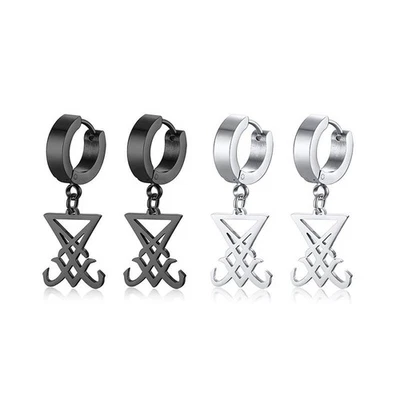 Rock Stainless Steel Men Earrings Ear Studs Drop Dangle Sigil of Lucifer Satanic - Image 1 of 4