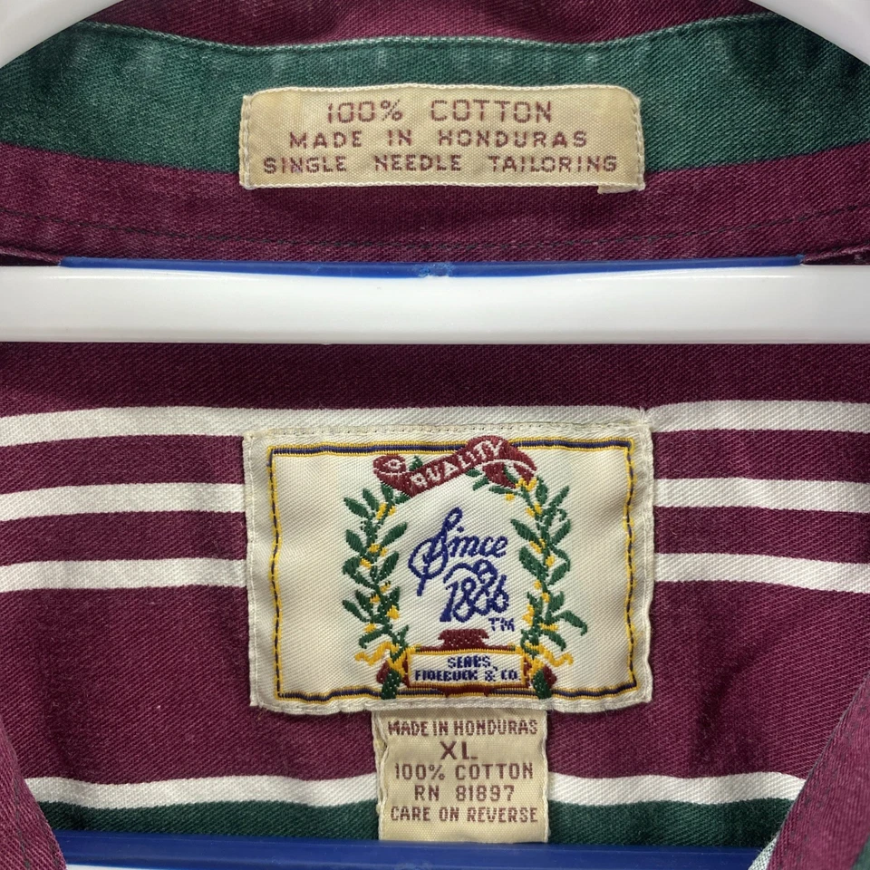 Camisa Sears Roebuck XL Verde Borgoña Rayas Manga Larga Algodón De Colección Foto 2 de 4