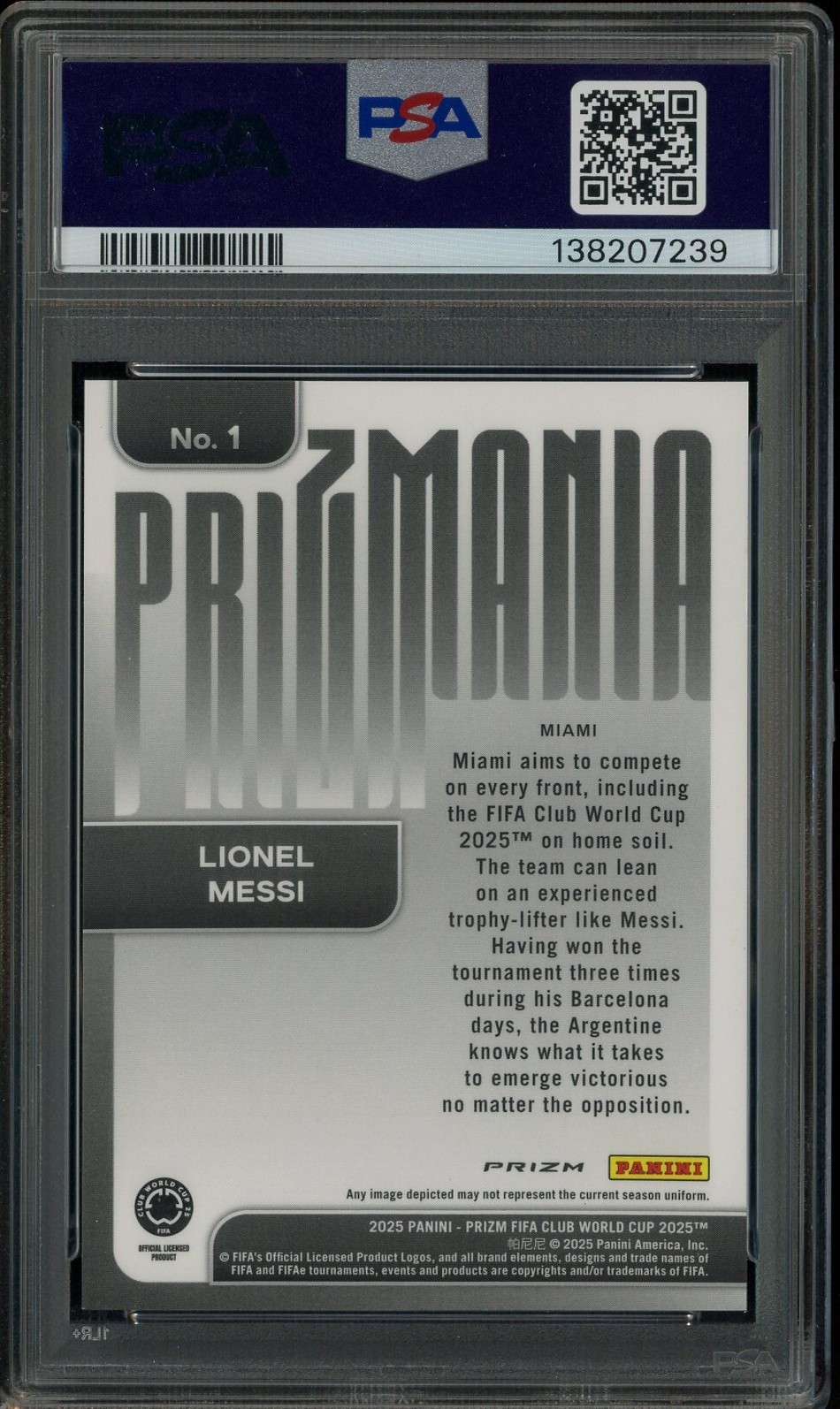 2025 Panini Prizm Fifa CWC Soccer Prizmania #1 Lionel Messi SSP CASE HIT PSA 9 view 2