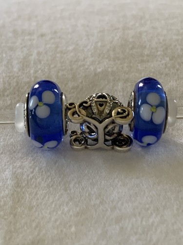 Pandora Sterling Silver Cinderella Coach & 2 Blue Flower Murano Glass beads ALE - Picture 6 of 11