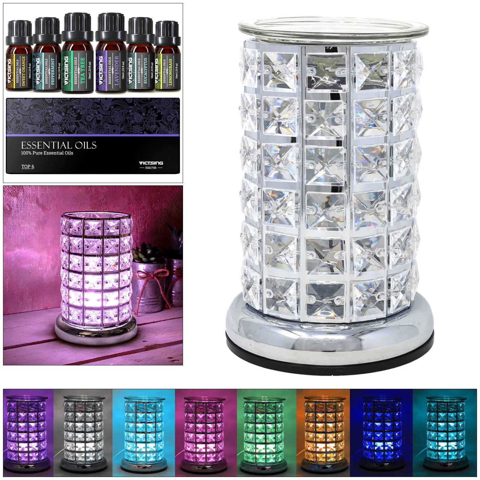 Oil Burner Wax Melt Warmer Colour Changing LED Aroma Lamp + 6pc Essential Oils-image