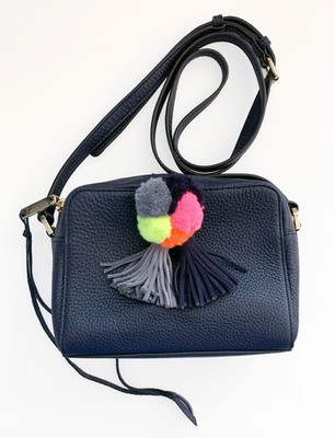 ∞ REBECCA MINKOFF Sofia Navy Leather Mini Crossbody with PomPoms