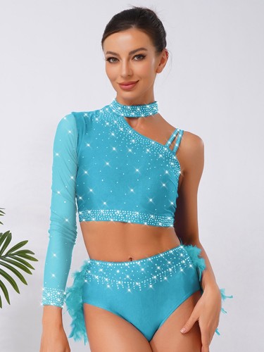 Women Sleeveless Lyrical Dance Outfit Ruched Shiny Crop Top Irregular Skirt - Picture 122 of 186