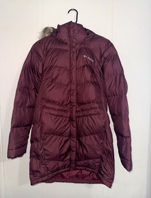 Columbia Women's Mid-Length Hooded Down Puffer Jacket Faux Fur Trim S