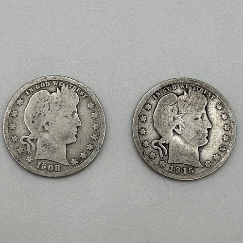 1908-O & 1915-D Barber Silver Quarters, Good.