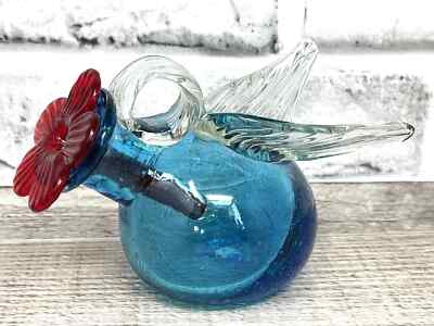Hand Blown Parasol Recycled Glass Mini Winged Hummingbird Feeder Pixie Aqua