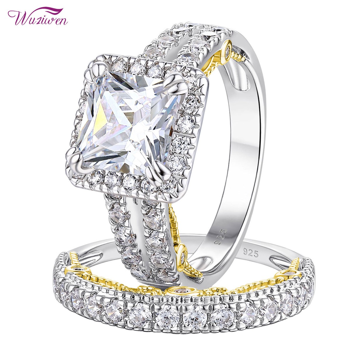 Wuziwen Sterling Silver 925 Women's Engagement Ring Set - 2CT Princess Cut 5A CZ With Accents 7 thumbnail image