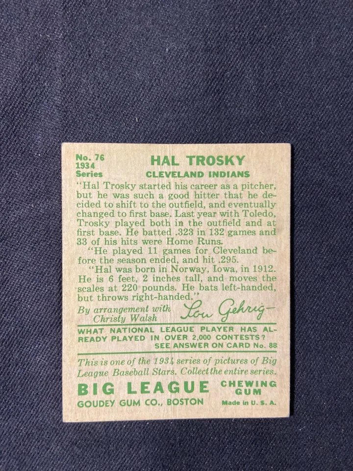 1934 Goudey #76 Hal Trosky Ex-Mt - Image 2 of 2