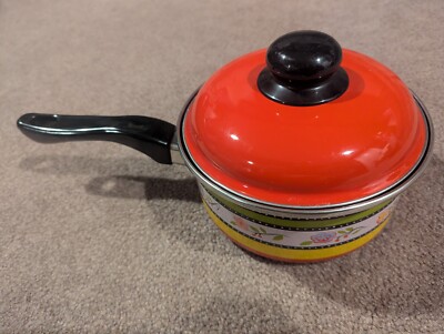 Vintage METALAC Red Saucepan With Lid Floral From Serbia & Montenegro Nice Rare!