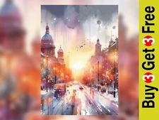 Urban Sunset Watercolor Print, Cityscape Dusk Artwork, Warm Tones 5" x 7"