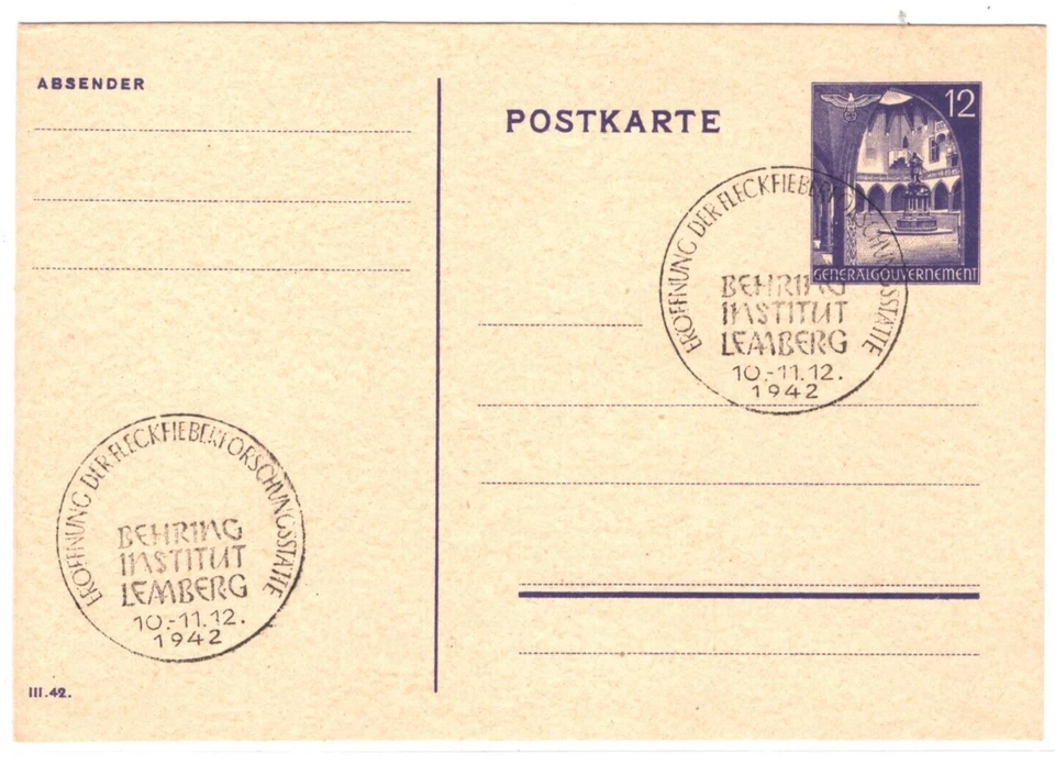 POLAND WW2 GERMANY OCC' Stationery Card *BEHRING INSTITUT* 1942 Lemberg MA662 - Image 2 of 4