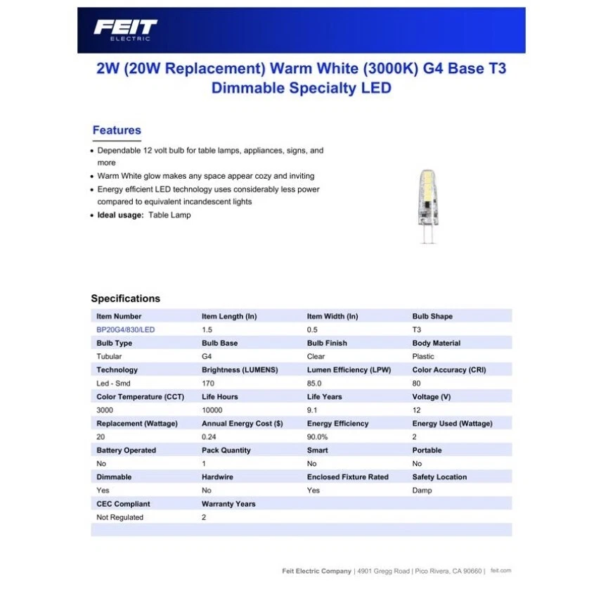 Feit Electric LED Bulb Warm White 20W Equivalence- 2Available Priced For 1- - Image 4 of 4