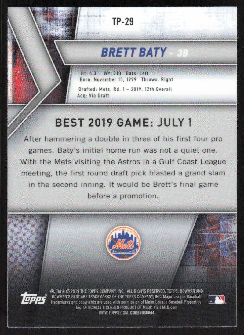 2019 BOWMAN'S BEST TOP PROSPECTS BRETT BATY ROOKIE NEW YORK METS