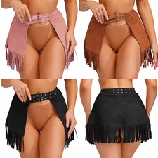DE Damen Fransenrock vorne offen Quaste Minirock Western Cowgirl Faux Wildleder