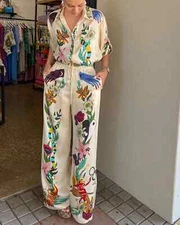 Women Lapel Two Piece Sets Short Sleeve Single Breasted Satin Printed Pants Sets