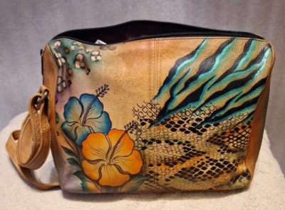 Beautiful Anuschka Shoulder Bag Hand Painted Paisley  Leather w/ Storage Bag