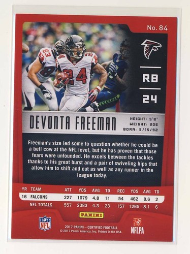 2017 Certified #84 Devonta Freeman Base Card BX6 - Picture 2 of 2