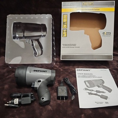 Defiant 450 Lumens LED Compact Rechargeable Spotlight with USB Cable and 12 volt