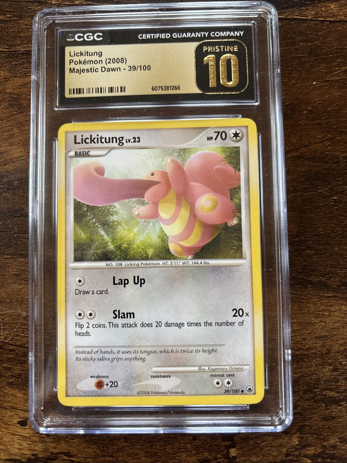 Pokemon Card Lickitung CGC 10 Pristine Mint, Majestic Dawn 39/100, 2008