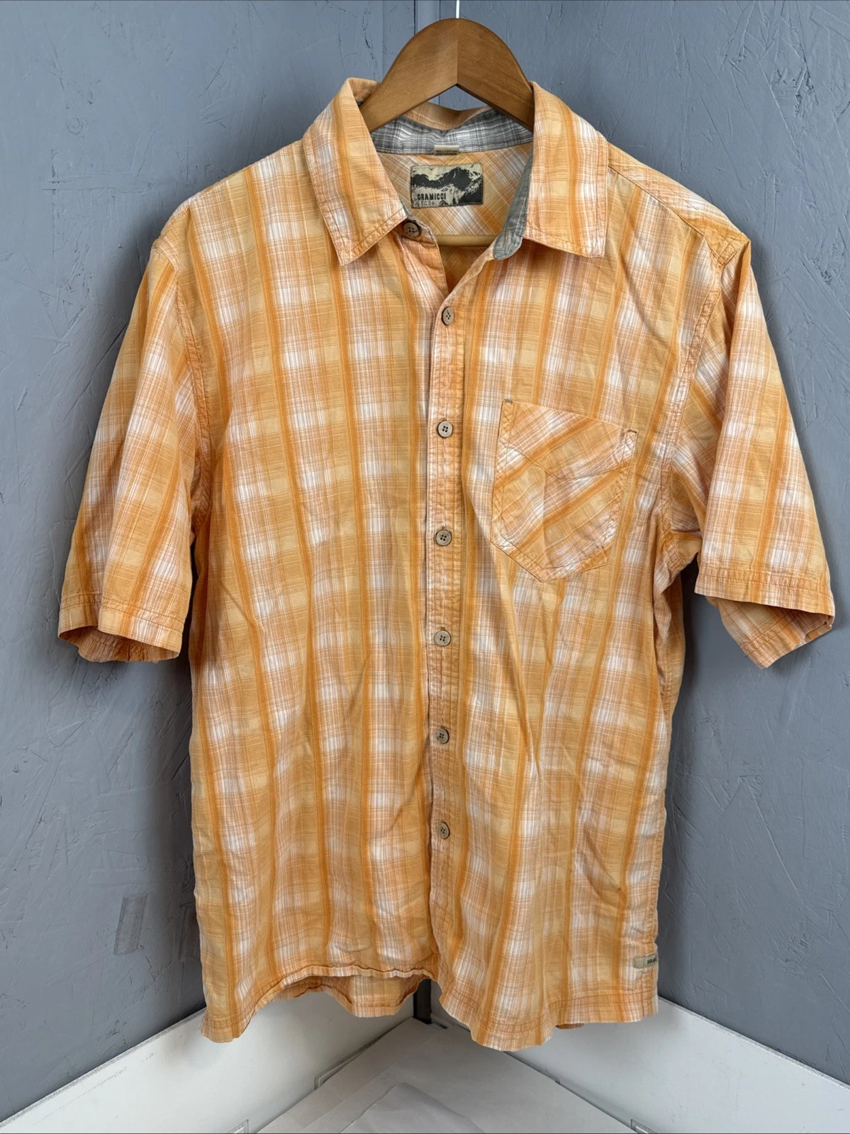 Gramicci Men’s L Plaid Button Up Hiking Shirt Orange Outdoor Camp Short Sleeve
