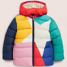 Boden Star Colorblock Puffer Jacket Girls 7-8Y Multi-Color Sherpa Lined Hood