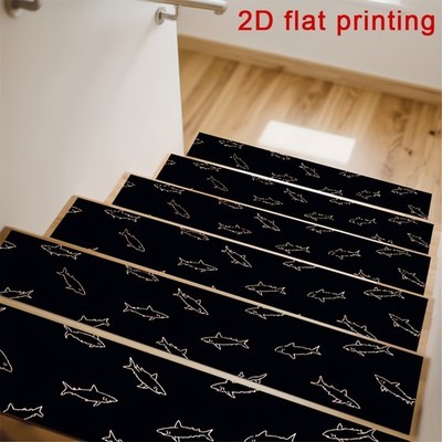 Black Background with White Shark Outline 2D Printed Stair Mat, Non-Slip Step