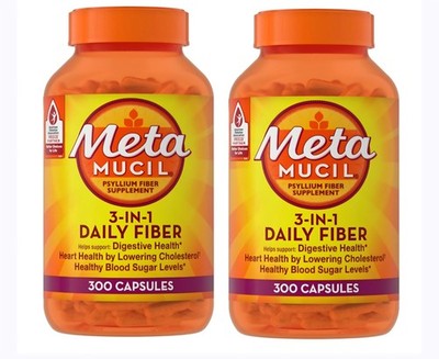 2 Pack 300 Count Metamucil, Daily Psyllium Husk Powder Supplement, 3-in-1 Fiber 