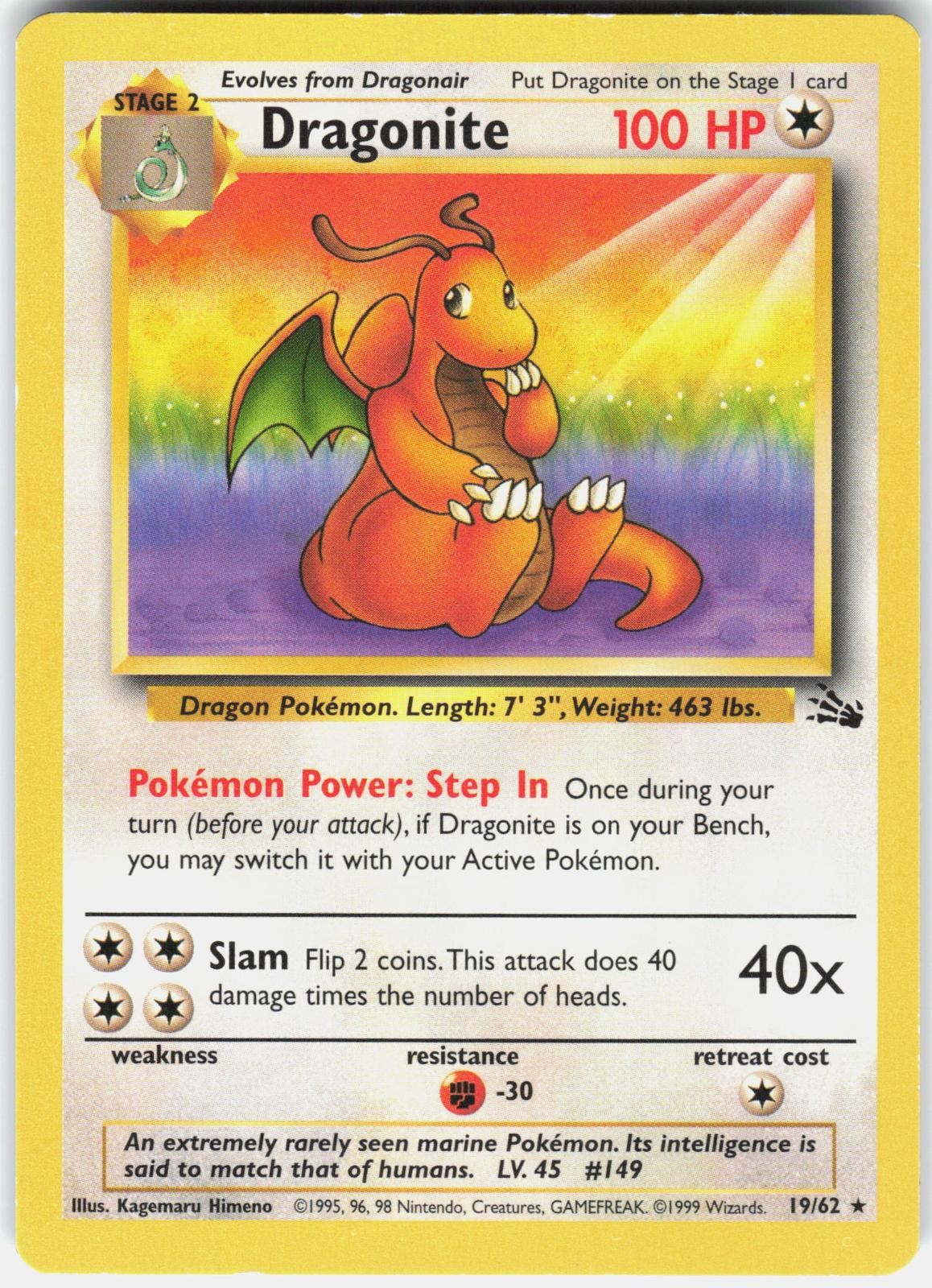 Pokemon Dragonite 19/62 Rare Fossil Pokemon Unlimited Lightly Played