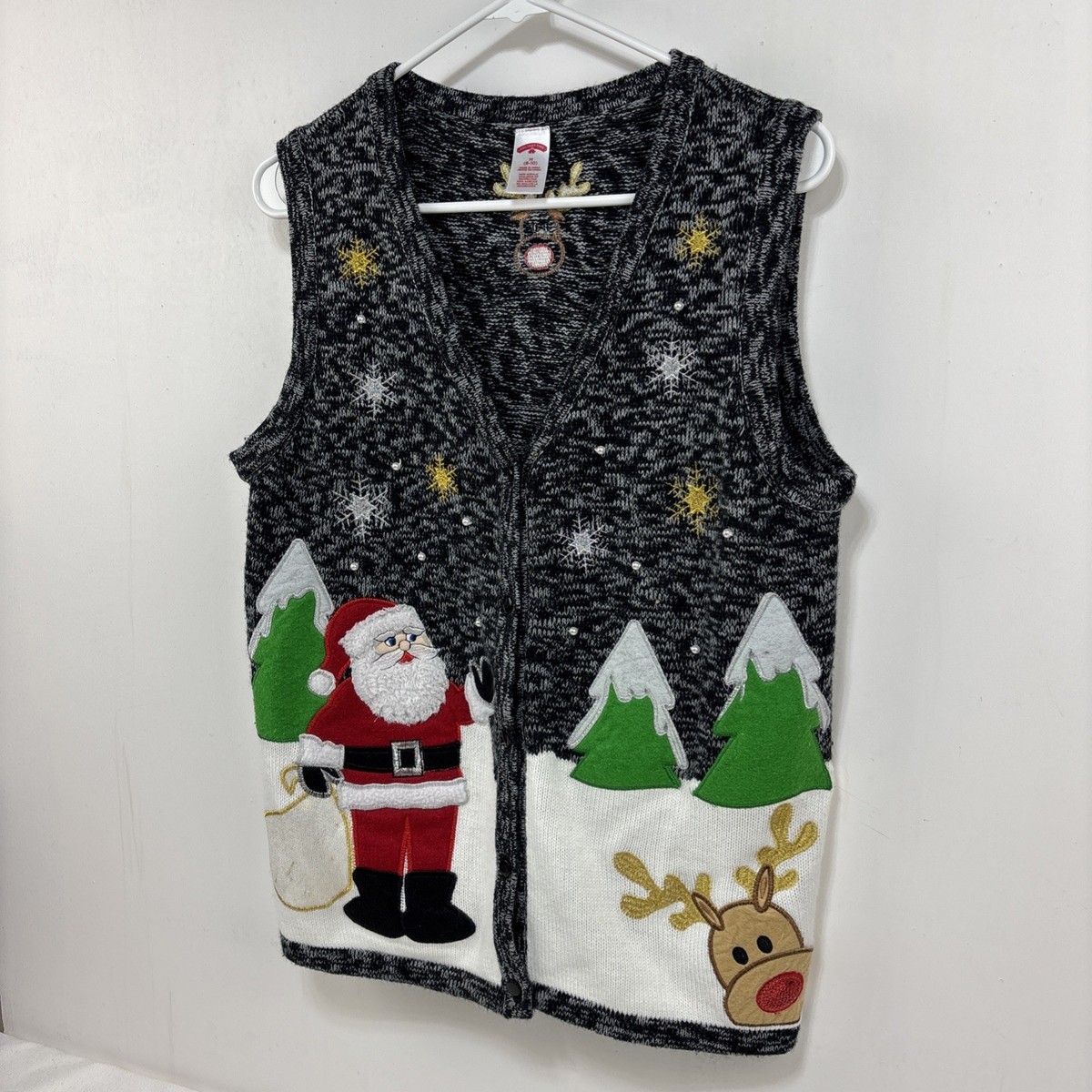 Holiday Time Sweater Vest Womens M Black White Ugly Christmas Santa Reindeer Exc View 3