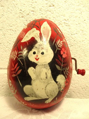 VINTAGE MATTEL TOYMAKERS RED TIN WIND UP EASTER EGG BUNNY MUSIC BOX /1953