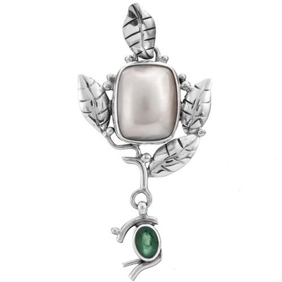 925 Silber handgefertigt weiße Mabe Perle Smaragd Edelstein Sterling Anhänger, 1 1/2''