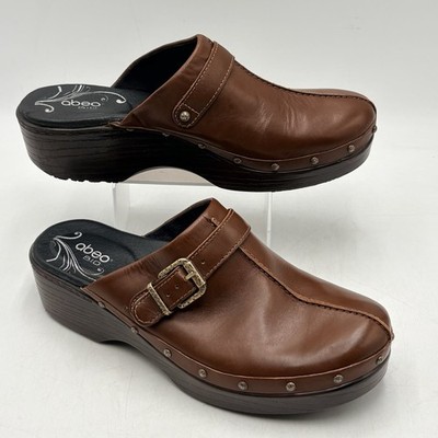 Abeo B.I.O. Leather Clogs Mules Womens 9.5N Brown Buckle Comfort Shoes
