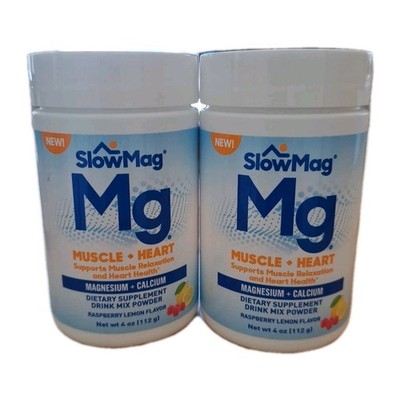 2x SlowMag Mg Muscle+Heart Drink Mix Powder, Raspberry Lemon Flavor, 4 oz 