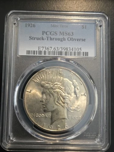 1926 MINT ERROR MS63 PCGS Peace Silver Dollar STRUCK THROUGH OBVERSE