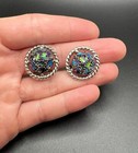 Vintage SARAH COVENTRY Iridescent Molded Flower Art Glass Earrings Rhodium Plate — photo 1