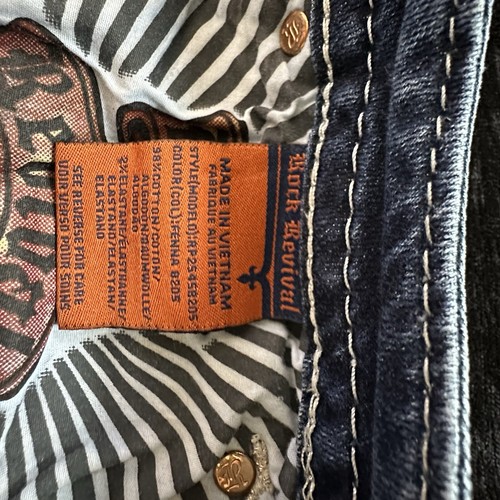 Pantalones de mezclilla Rock Revival talla 28 azul Fenna tiro bajo bota adornada vaquera occidental - Imagen 20 de 23