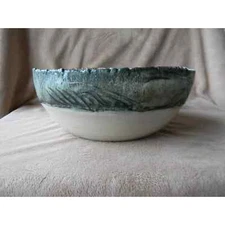 Pottery Serving Bowl w/ Green Rim & Accent Leaves