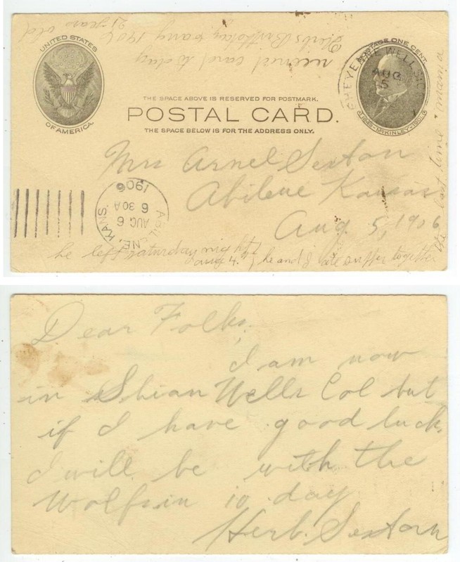 1906 Cheyenne Wells Colorado Herb Sexton to his mother Abilene Kansas, relative?