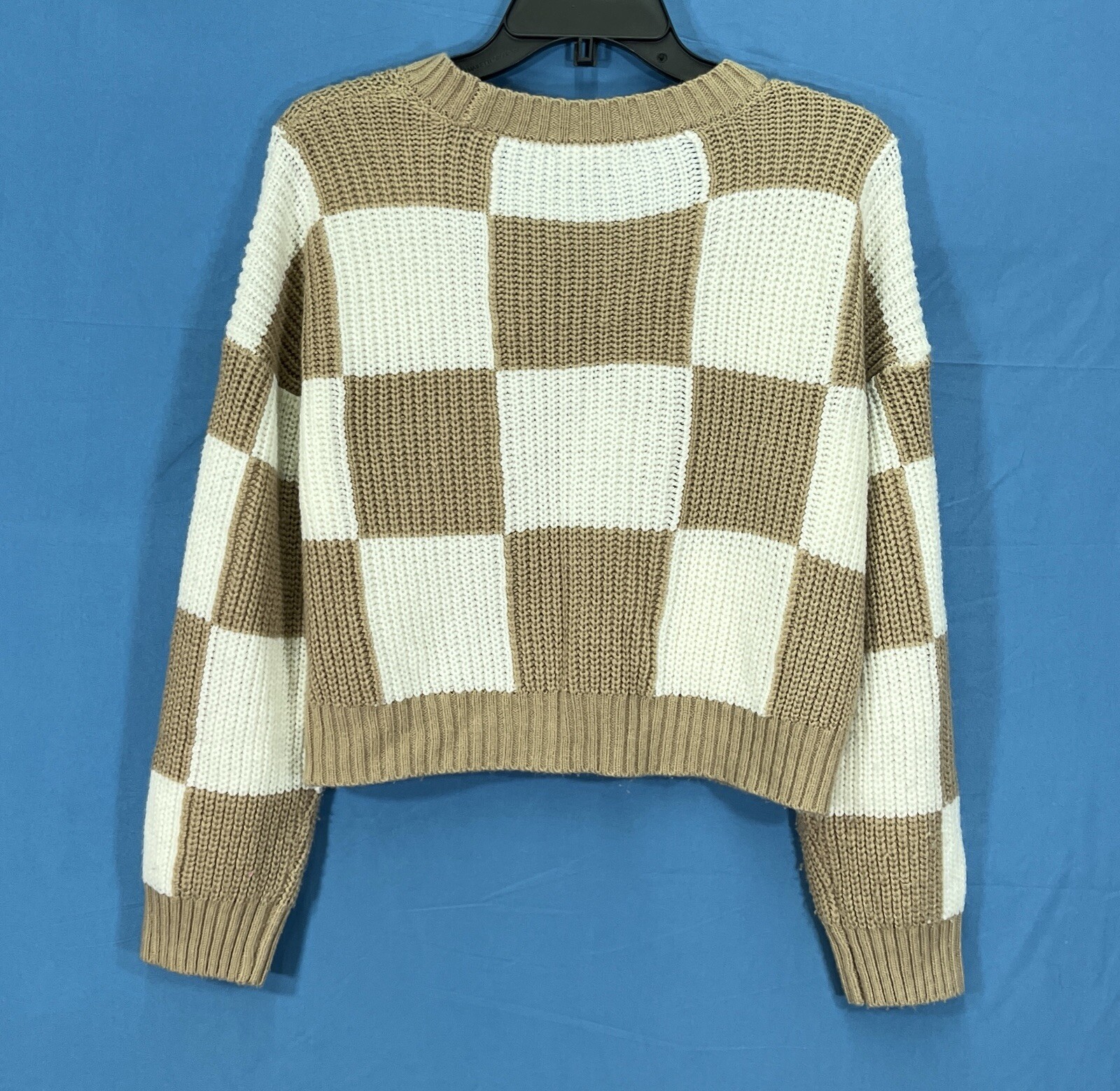 LOVE TREE Tan/White CHECK Mid-Weight Knit BUTTON-UP Cropped SWEATER CARDIGAN M