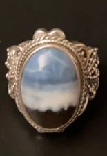 Sarda, Bali Handmade,Banded Blue Opal & Sterling, Ring, LG Stone Sz 7.75; 8.75