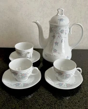 Mitterteich Bavaria  Coffee / Tea Pot & 3 Cup & Saucer Set  Blue Pink Flowers