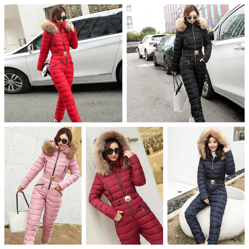 Damen Skifahren Anzug Kapuze Overall one piece Gepolstert Gesteppt Dicker Pelz - Bild 2 von 4