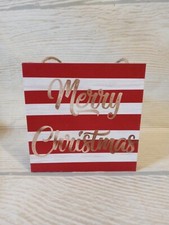 New "Merry Christmas" Wood Sign 5.5  Red Gold Tree Ornament Striped Holiday